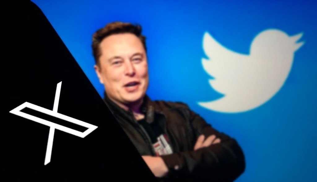 Elon Musk envolto aos logos do X e Twitter