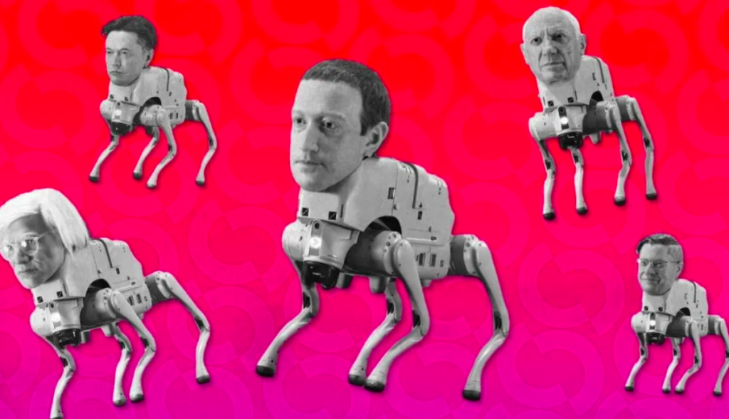 Beeple lança cães robôs com cabeças de Musk e Zuckerberg que geram NFTs